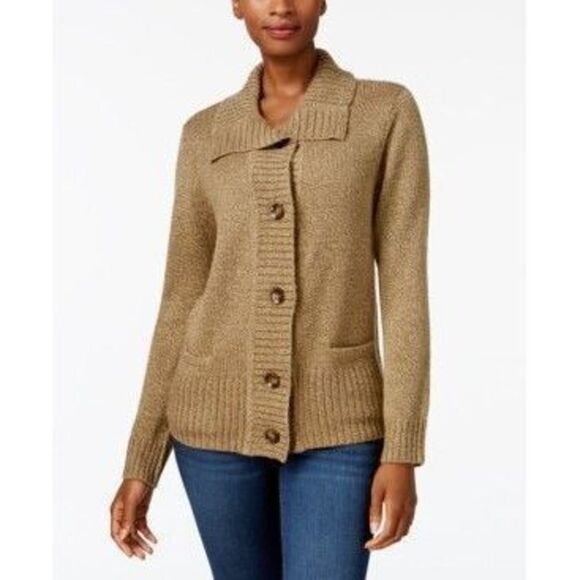 Karen Scott Petite Button-Front Marled Cardigan Sweater Olive Marl PL - Picture 1 of 6
